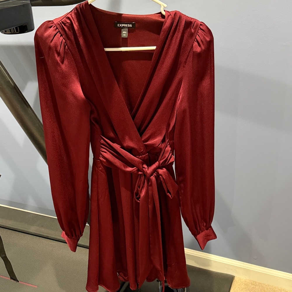 Express Women's Burgundy Wrap Mini Dress with Tie Waist